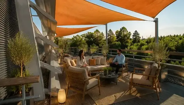 Deux personnes discutent sur la terrasse